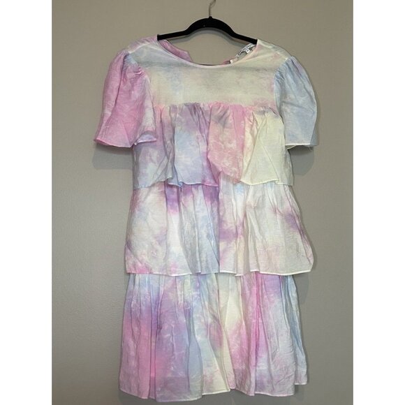 English Factory Tie Dye Pastel A Line Dress Tiered Ruffle Mini Dress Pink XS - Picture 1 of 8
